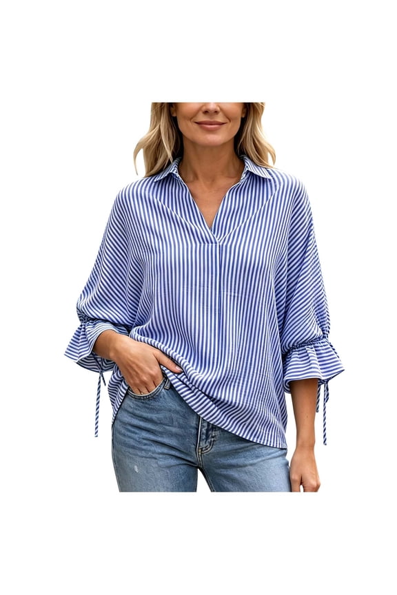 Women's Vertical Striped Blouse Collared Back Split Tail Hem Drawstring Ruffle 3/4 Sleeve Loose Casual Shirts