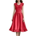 thumbnail image 1 of TFEOQRY Women's Vintage Dress Ruffled Neckline Cap Sleeves Corset Decor Ruched Bodice Flared Skirt Outfit Red, 1 of 7