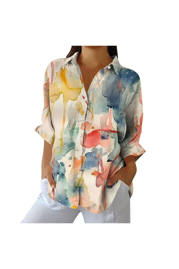 Women's Watercolor Print Blouse Button Down Color Block Long Sleeve Collared Top Loose Casual Shirt Beige