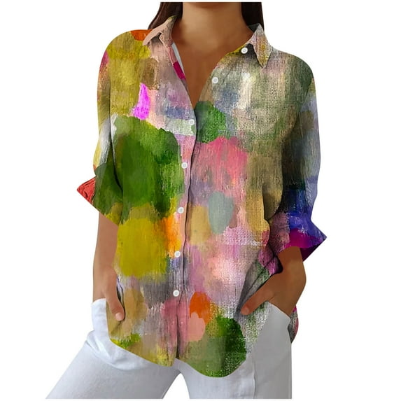 TFEOQRY Women's Watercolor Print Blouse Button Down Color Block Long Sleeve Collared Top Loose Casual Shirt Multicolor