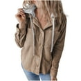 thumbnail image 1 of TFEOQRY Women's Winter Corduroy Cardigan Jacket New Casual Solid Color Button Hooded Drawstring Outwear Long Sleeved Top Jacket Pocket Khaki, 1 of 6