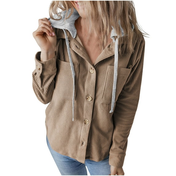 TFEOQRY Women's Winter Corduroy Cardigan Jacket New Casual Solid Color Button Hooded Drawstring Outwear Long Sleeved Top Jacket Pocket Khaki