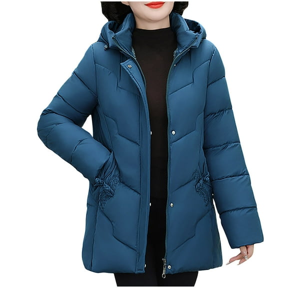 TFEOQRY Women's Winter Cotton Padded Coats Parkas Casual Fashion Solid Color Heavy Coat with Pockets Zippered Reversible Long Cotton Coat Blue