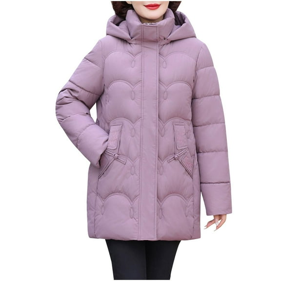 TFEOQRY Women's Winter Cotton Padded Coats Solid Color Embroidered Button Jacket with Double Pocket Zipper Long Sleeved Parkas Purple