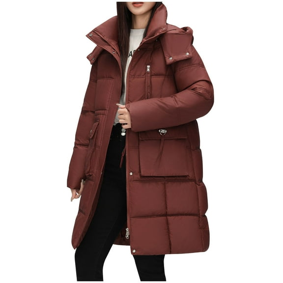 TFEOQRY Women's Winter Hooded Cotton Padded Coats Casual Fashion Solid Color Parkas with Pockets Zippered Reversible Long Cotton Coat Red