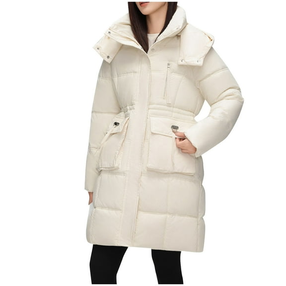 TFEOQRY Women's Winter Hooded Cotton Padded Coats Casual Fashion Solid Color Parkas with Pockets Zippered Reversible Long Cotton Coat White