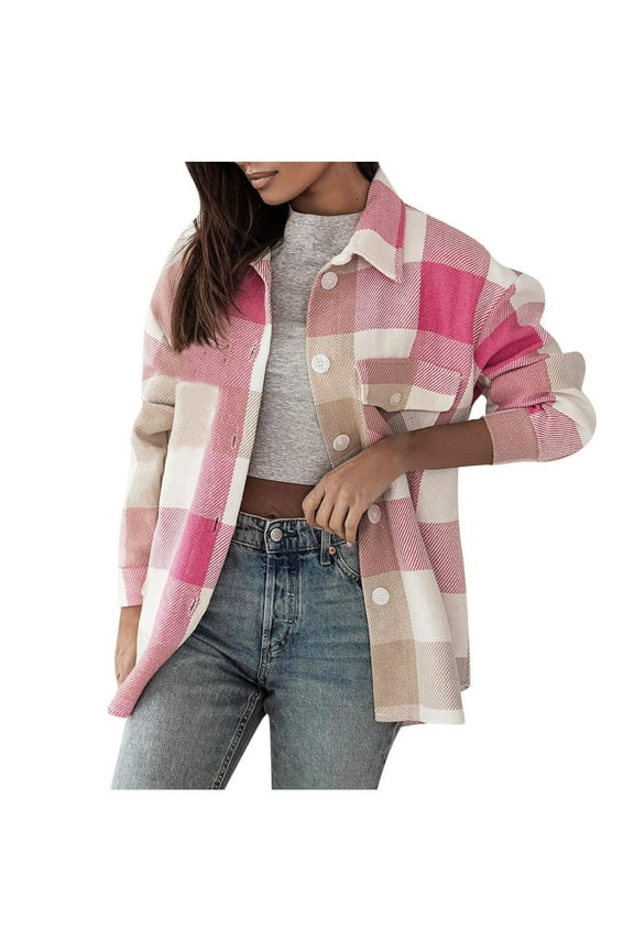 Women's Winter Plaid Woolen Outwear Jackets Fashion Colorful Plaid Shirt Loose Casual Windproof Coat Pink
