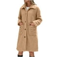 thumbnail image 1 of TFEOQRY Women's Winter Polar Fleece Padded Coats Long Sleeved Lapel Warm Fleece Coat Solid Color Button Mid Length Top Coat with Pocket Khaki, 1 of 7