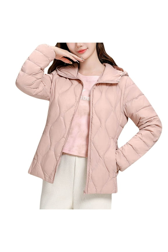 Women's Winter Short Padded Coats Solid Color Lightweight Down Jacket Hooded Long Sleeved Versatile Cotton Jacket Pink