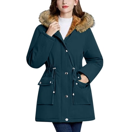 TFEOQRY Women's Winter Thermal Padded Coats Solid Color Outdoor Hooded Windproof Loose Coat with Pockets Navy