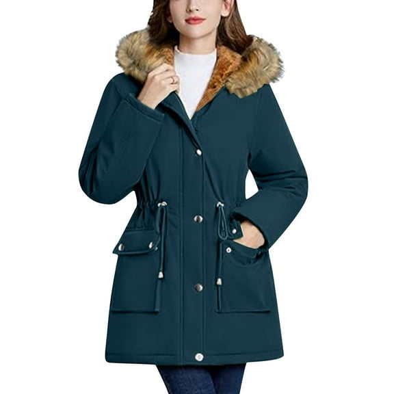 TFEOQRY Women's Winter Thermal Padded Coats Solid Color Outdoor Hooded Windproof Loose Coat with Pockets Navy