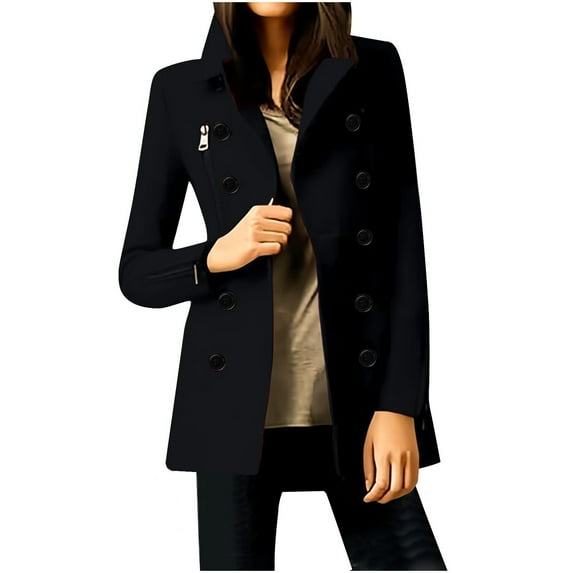 TFEOQRY Women's Wool Blend Coat Solid Color Zipper Button Double Breasted Multi Pocket Long Sleevedless Hooded Casual Jacket Black