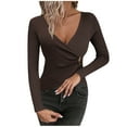 thumbnail image 1 of TFEOQRY Women's Wrap V Neck Sweater Long Sleeve Ribbed Knitted Casual Pullover Fall Winter Top Coffee, 1 of 4