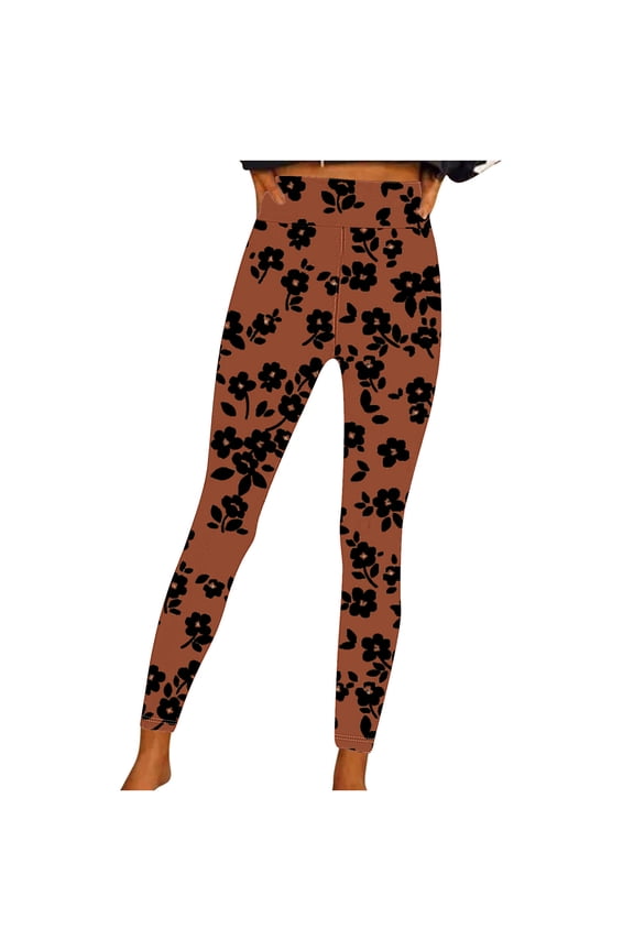Women's Yoga Pants Floral Print Tight Full Length Pants Medium Waist Trousers Brown