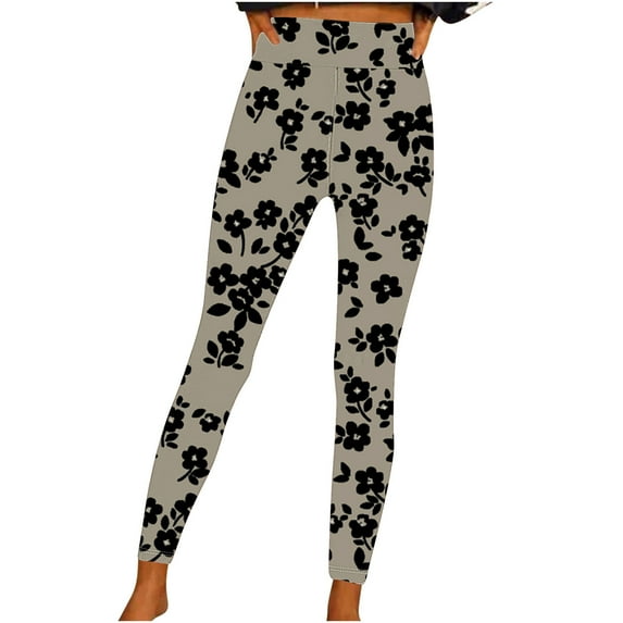 TFEOQRY Women's Yoga Pants Floral Print Tight Full Length Pants Medium Waist Trousers Khaki