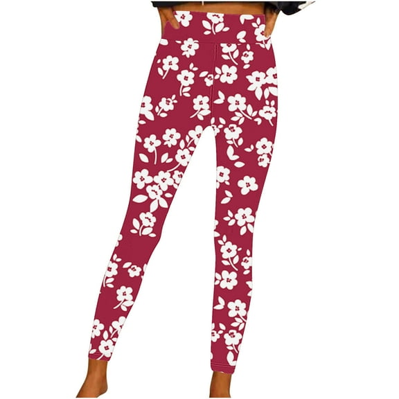 TFEOQRY Women's Yoga Pants Floral Print Tight Full Length Pants Medium Waist Trousers Red
