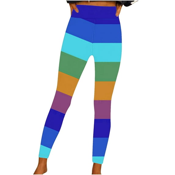 TFEOQRY Women's Yoga Pants Rainbow Printed Full Length Pants Medium Waist Trousers Blue
