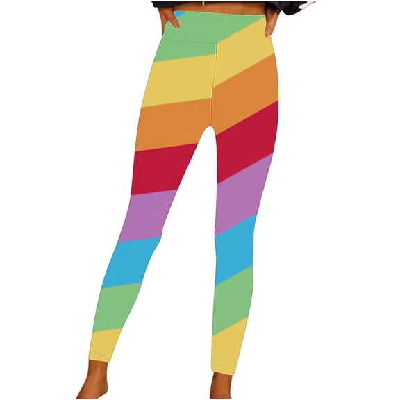 TFEOQRY Women's Yoga Pants Slanted Rainbow Print Full Length Pants Medium Waist Trousers Multicolor