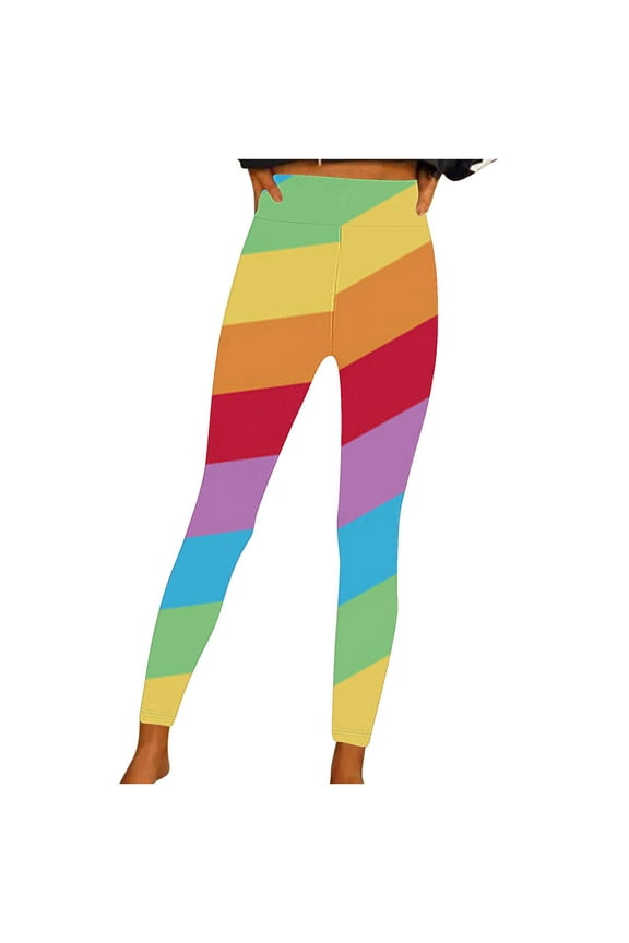 Women's Yoga Pants Slanted Rainbow Print Full Length Pants Medium Waist Trousers Multicolor
