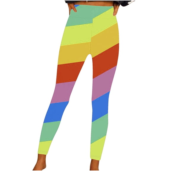 TFEOQRY Women's Yoga Pants Slanted Rainbow Print Full Length Pants Medium Waist Trousers Yellow