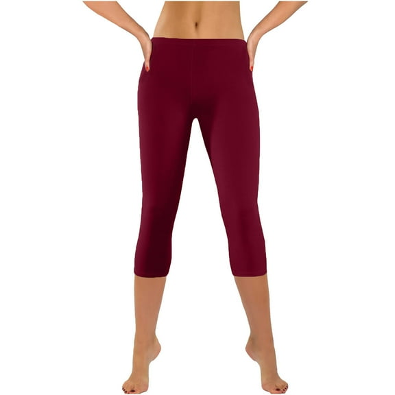 TFEOQRY Women's Yoga Pants Solid Color Base Capris Pants with Pockets Elastic Waisted Trousers Burgundy