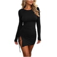 thumbnail image 1 of TFEOQRY Womens Bodycon Mini Dress Crew Neck Long Sleeve Side Drawstring Ruched Slit Hem Party Casual Short Dresses, 1 of 5