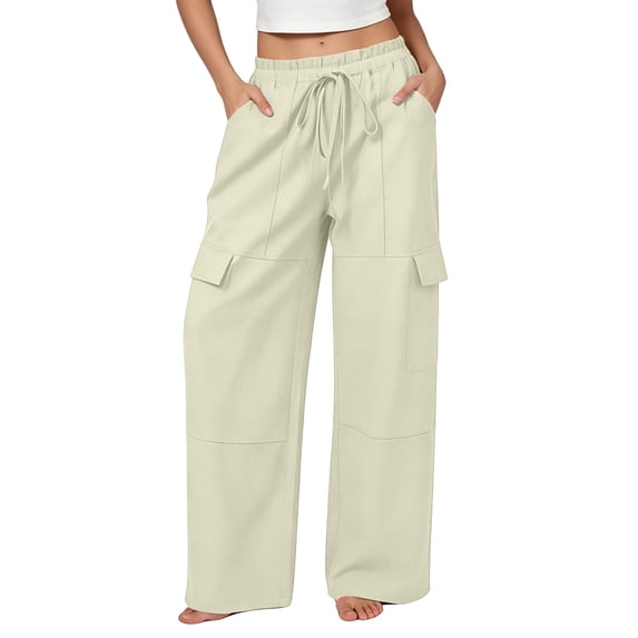 TFEOQRY Womens Cargo Pants with Pockets Elastic Waist Drawstring Solid Color Loose Casual Wide Leg Pants