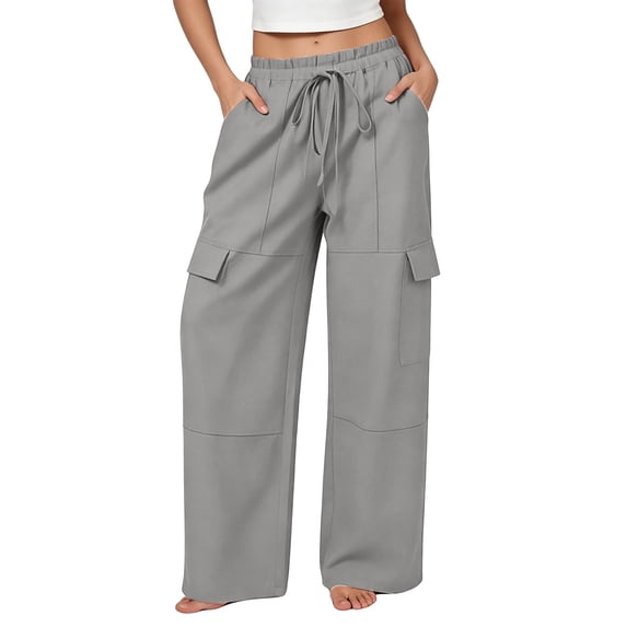 TFEOQRY Womens Cargo Pants with Pockets Elastic Waist Drawstring Solid Color Loose Casual Wide Leg Pants