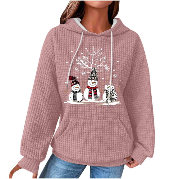 TFEOQRY Womens Christmas Sweatshirts Beautiful Christmas Printed Drawstring Hoodie with Pockets Long Sleeved Hooded Sweatshirts Top Pink-6