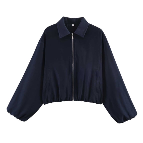 TFEOQRY Womens Collared Cropped Jacket with Pockets Zip up Elastic Hem Long Sleeve Loose Fall Casual Coat