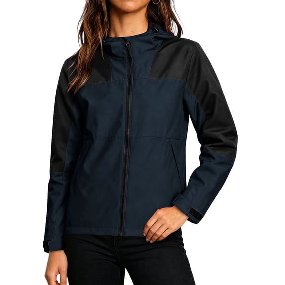 TFEOQRY Womens Color Block Jacket with Pockets Zip up Adjustable Hood Lightweight Waterproof Rain Coat