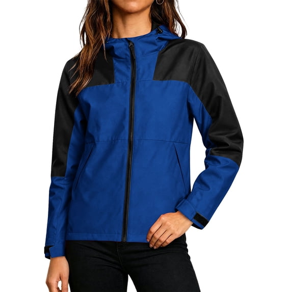 TFEOQRY Womens Color Block Jacket with Pockets Zip up Adjustable Hood Lightweight Waterproof Rain Coat
