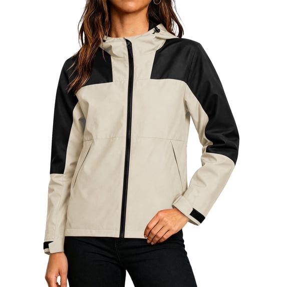 TFEOQRY Womens Color Block Jacket with Pockets Zip up Adjustable Hood Lightweight Waterproof Rain Coat