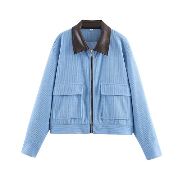 TFEOQRY Womens Corduroy Cropped Jackets with Pockets Causal Contrast Collar Zip up Long Sleeve Sports Coat