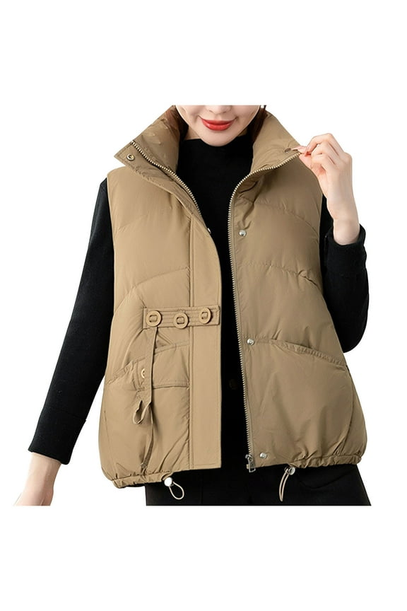 Womens Cotton Padded Coats Vest Solid Color Sleeveless Hooded Short Sleeveless Cotton Jacket Khaki