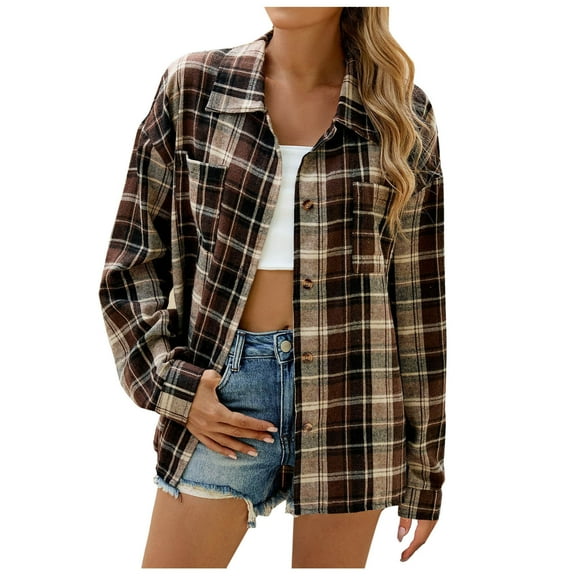 TFEOQRY Womens' Plaid Casual Coat Lapel Long Sleeve Casual Button Outwear Jacket Brown