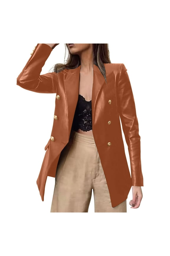 Womens Pu Blazer Jacket Solid Color Imitation Leather Lapel Waist Cinched Long Sleeved Suit Leather Jacket Brown
