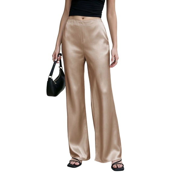 TFEOQRY Womens Satin Pants High Waist Solid Color Silky Drapey Straight Wide Leg Pants