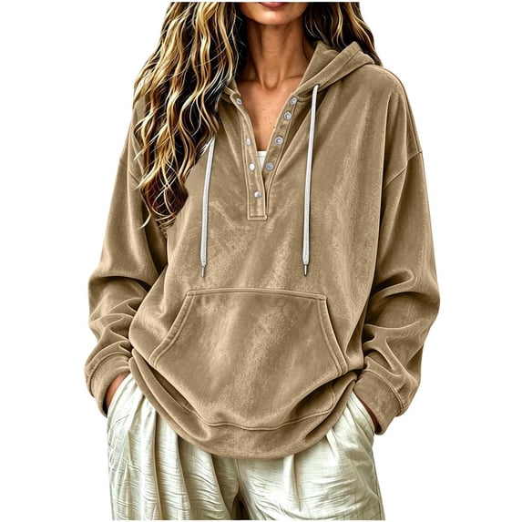 TFEOQRY Womens Velour Hoodie Sweatshirt with Kangaroo Pocket Button Henley Long Sleeve Loose Casual Fall Winter Top