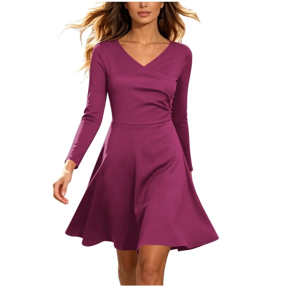 TFEOQRY Womens Wrap Midi Dress V Neck Long Sleeve Ruched Waist A-Line Swing Hem Slim Casual Dresses