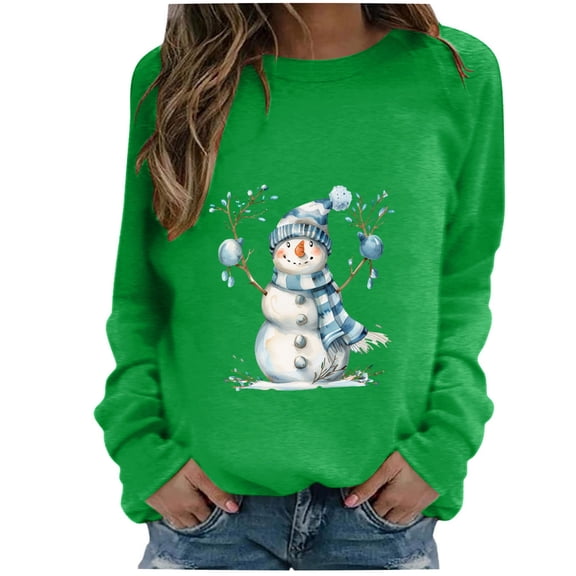 TFEOQRY Wowen's Christmas Hoodless Sweatshirts Fashion Loose Casual Christmas Snowman Printed Tops Sweatshirts Long Sleeve Round Neck Sweatshirts Green-4