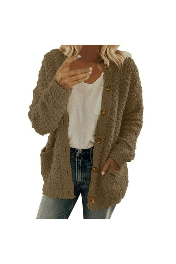 women Fashion Winter Fleece Blanket Plaid Outwear Jackets Zipper Lapel Long Sleeve Coat Jacket Blouse with Pockets Brown