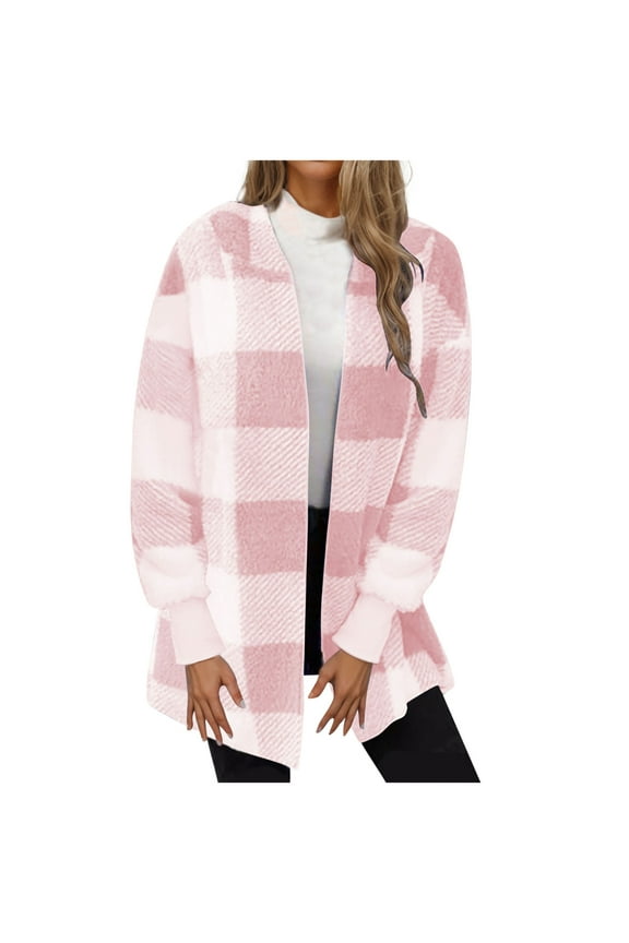 women's Casual Fleece Blanket Jacket Long Seved Round Neck Solid Color Top Jacket Pink