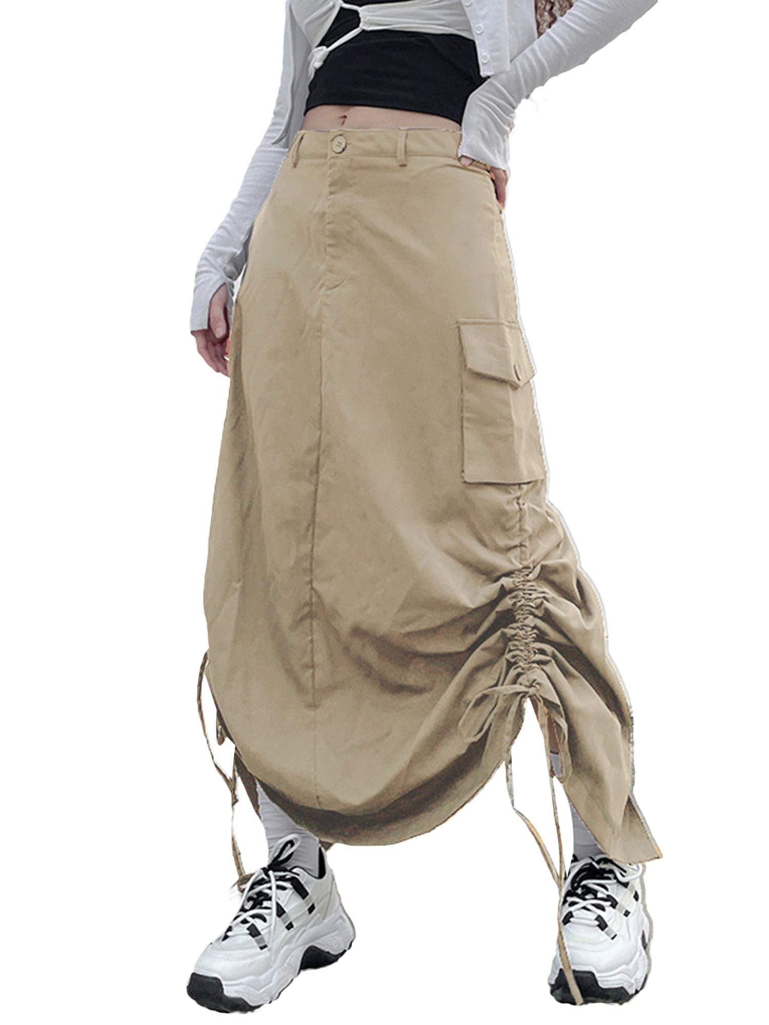 ★Polysooem★ SHIRRING STRAP CARGO SKIRT, KHAKI TFFR 2000s Cargo Skirt Vintage Women Low Waist Long Skirts