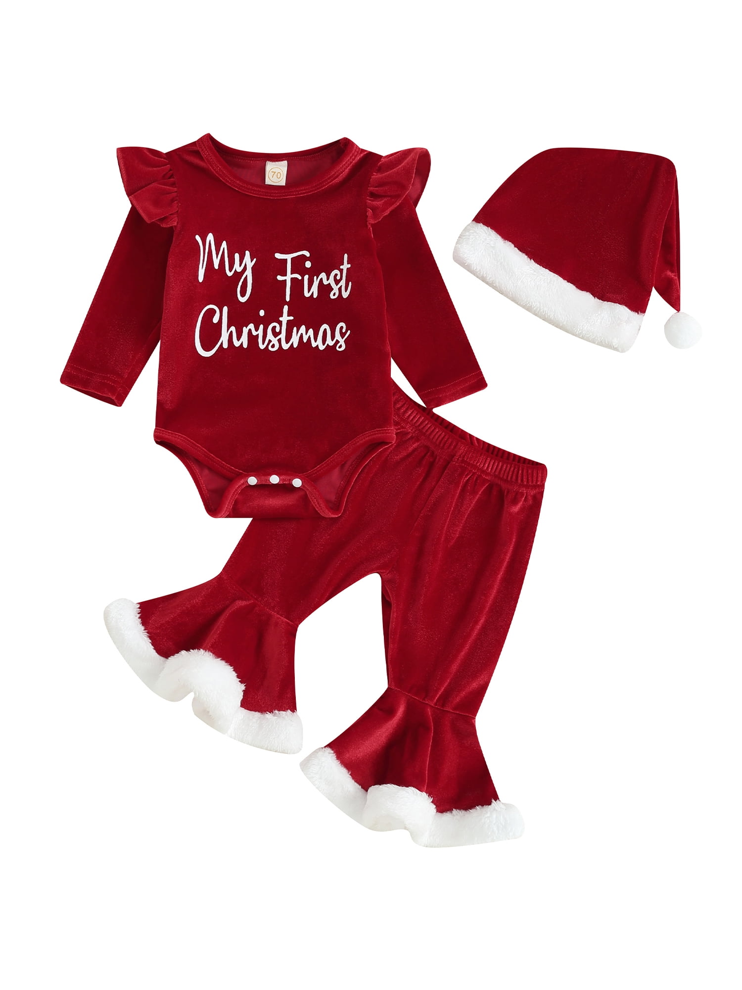 TFFR Baby Girl Christmas Outfit My First Christmas Ruffle Long Sleeve Romper Flare Pants Set Hat 3Pcs Winter Clothes