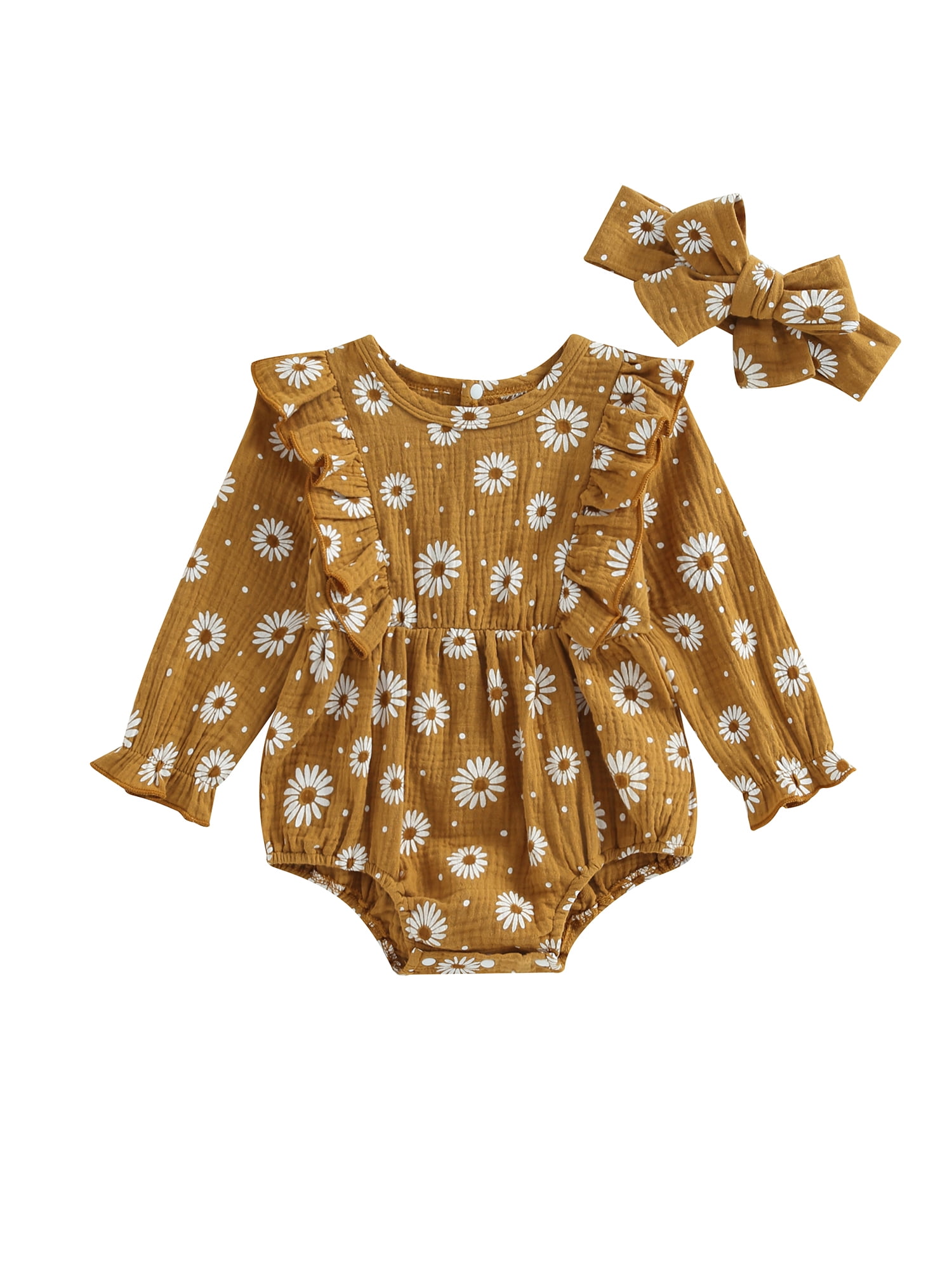 TFFR Baby Girl Daisy Romper Infant Long Sleeve Ruffle Jumpsuit with Headband