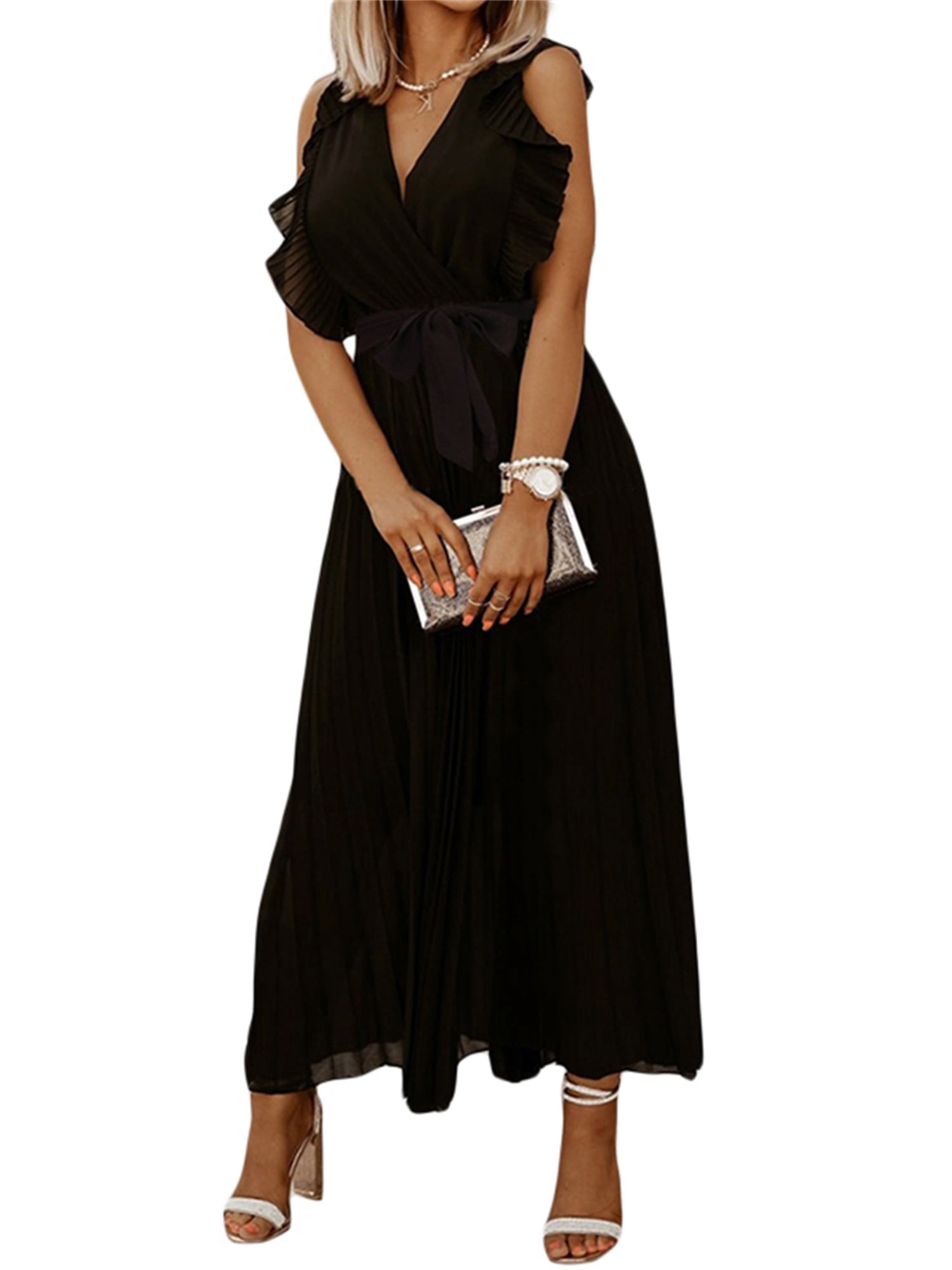 High Neck Pleated Chiffon Long Dress main image 1