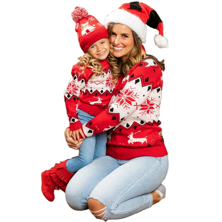 TFFR Cute Mommy and Me Matching Ugly Christmas Sweater Long Sleeve Pullover Xmas Sweater for Mom Daughter Son