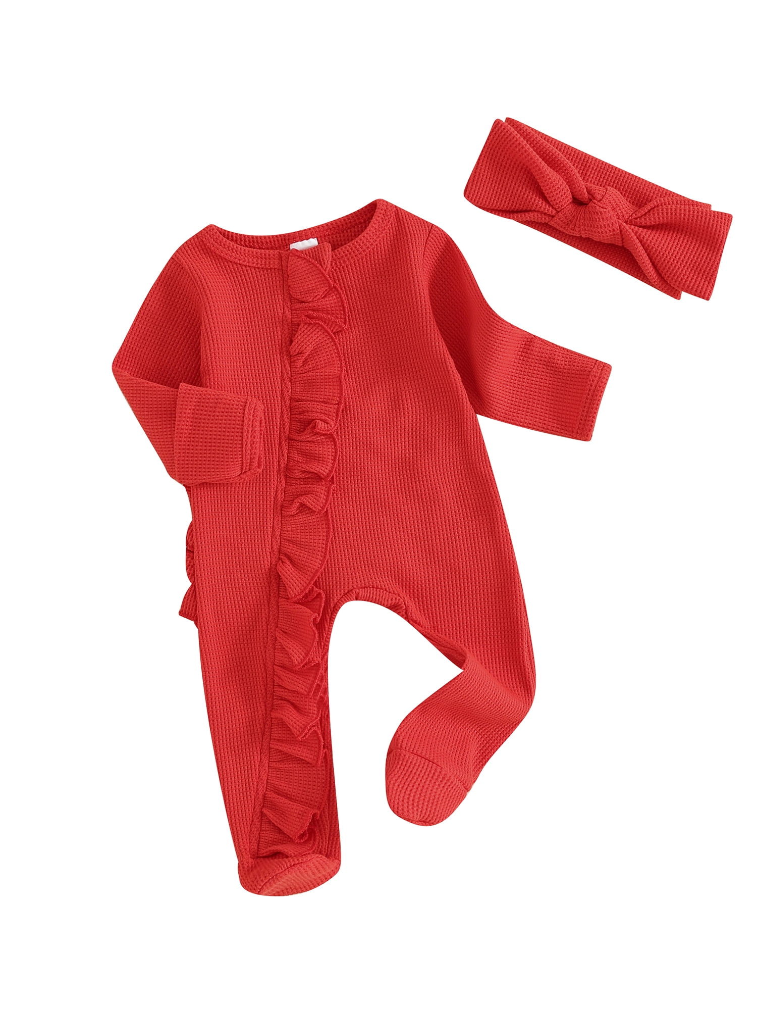 TFFR Newborn Baby Girl Footie Romper Red Bodysuits Infant Long Sleeve Zipper Ruffle Jumpsuits