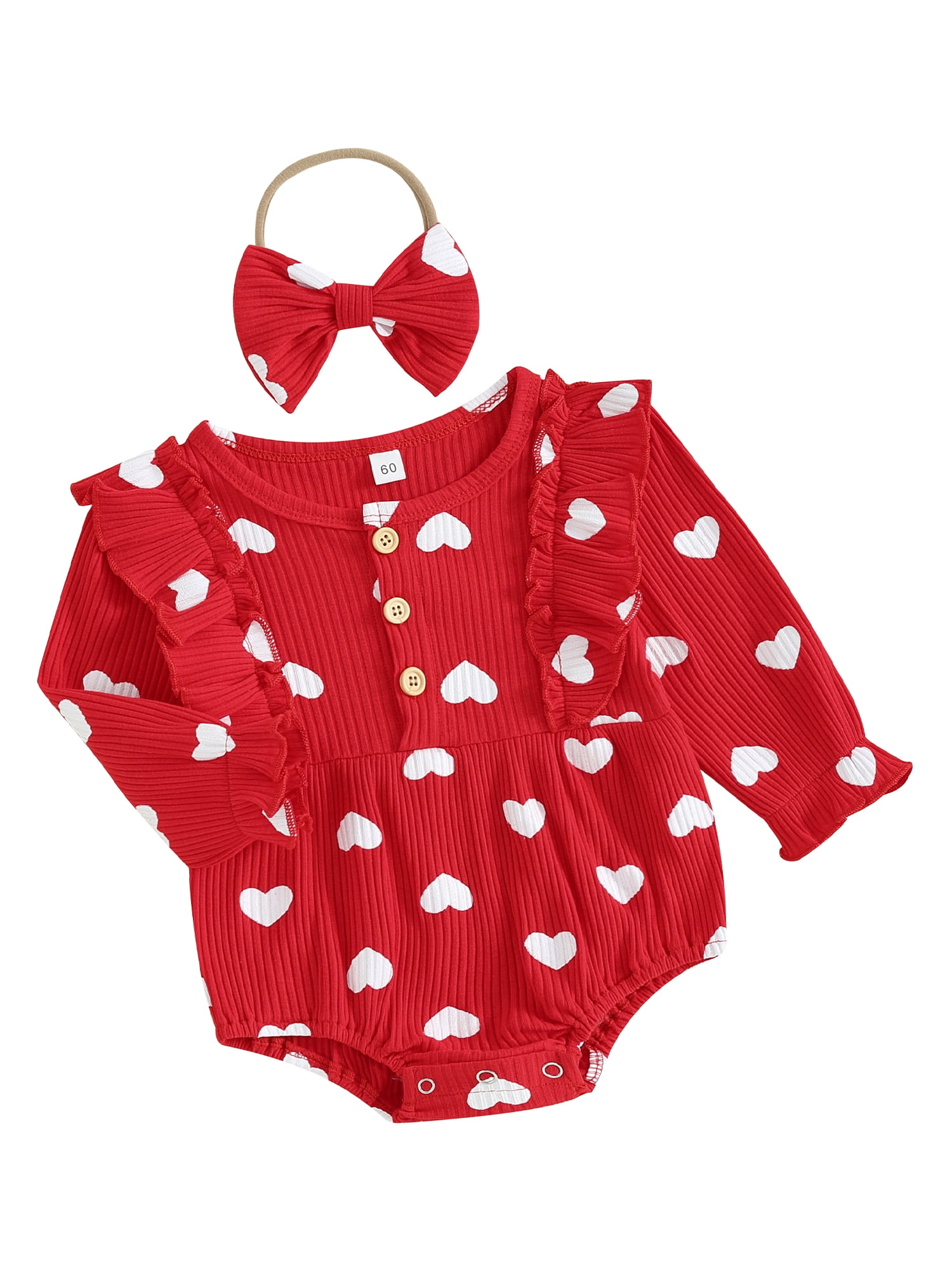 TFFR Newborn Baby Girl Heart Rompers Infant Long Sleeve Cotton Ribbed Jumpsuit with Headband